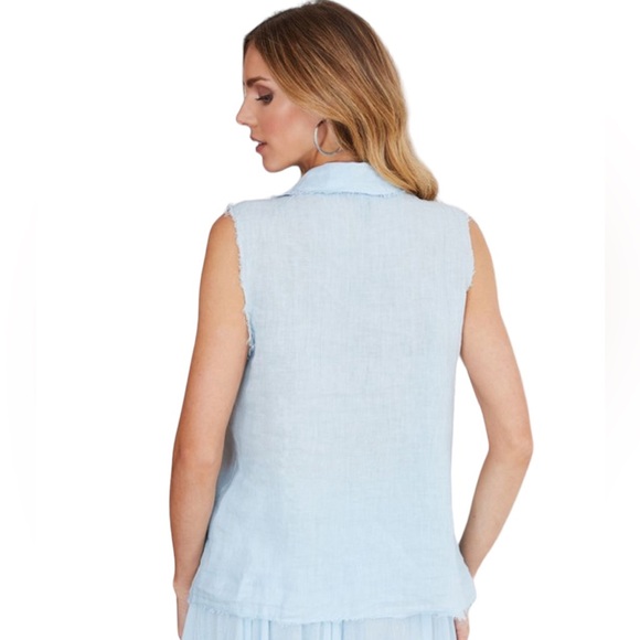 Venti 6 Celeste Blue 100% Linen Sleeveless Collar Button up Distressed seam Top - Picture 3 of 6